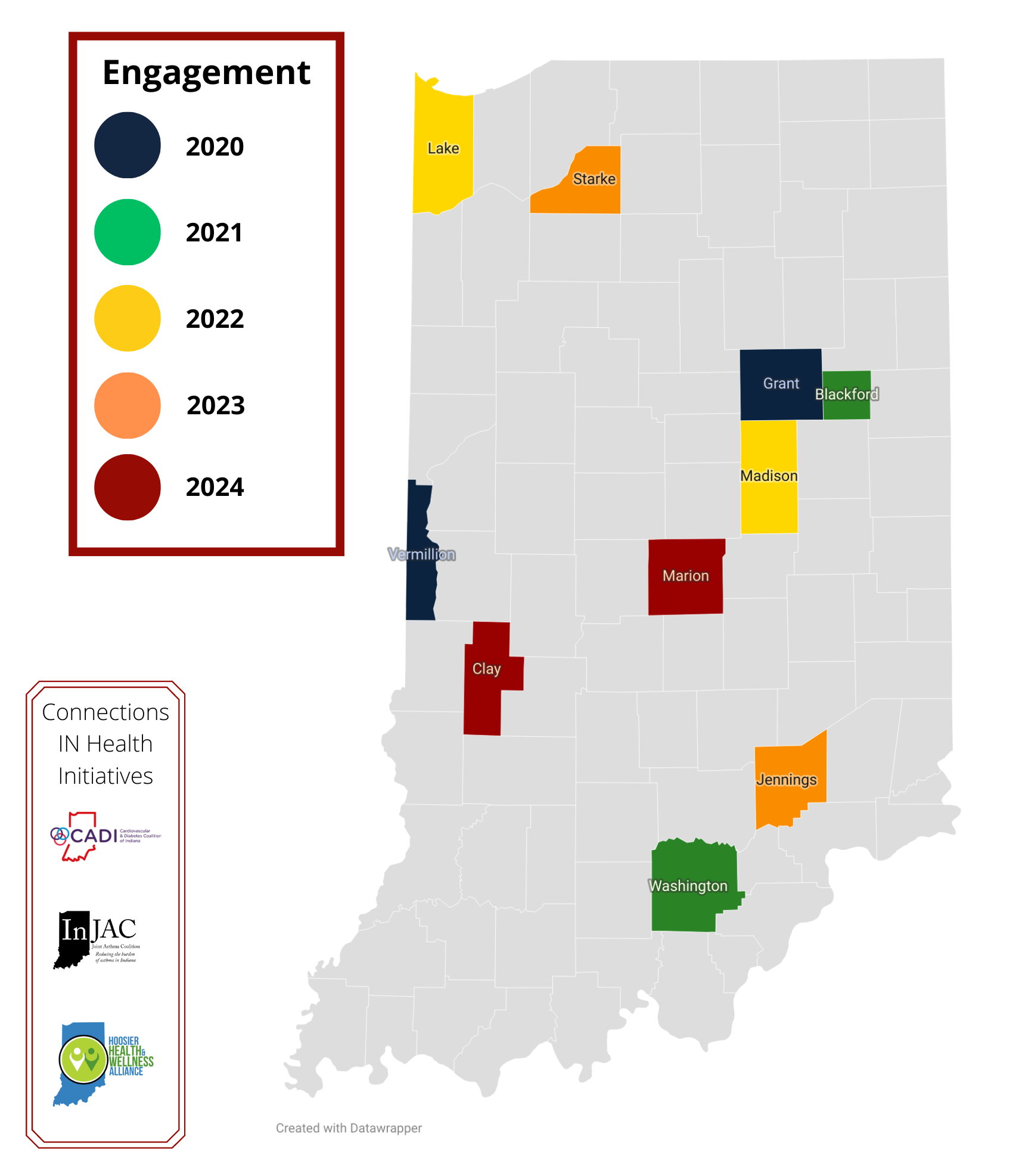 10.2023_CINH_County_Engagement_Map Connections IN Health County Engagement Map