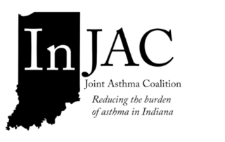 Image shows a black outline of the shape of Indiana with the text Indiana Joint Asthma Coalition: Reducing the Burden of asthma in Indiana