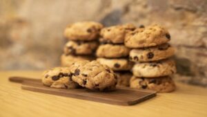 chocolate chip cookies stacked up