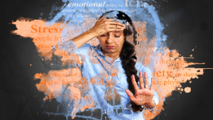 photo of woman experiencing stress with hand on head and hand held out with words related to stress all around her