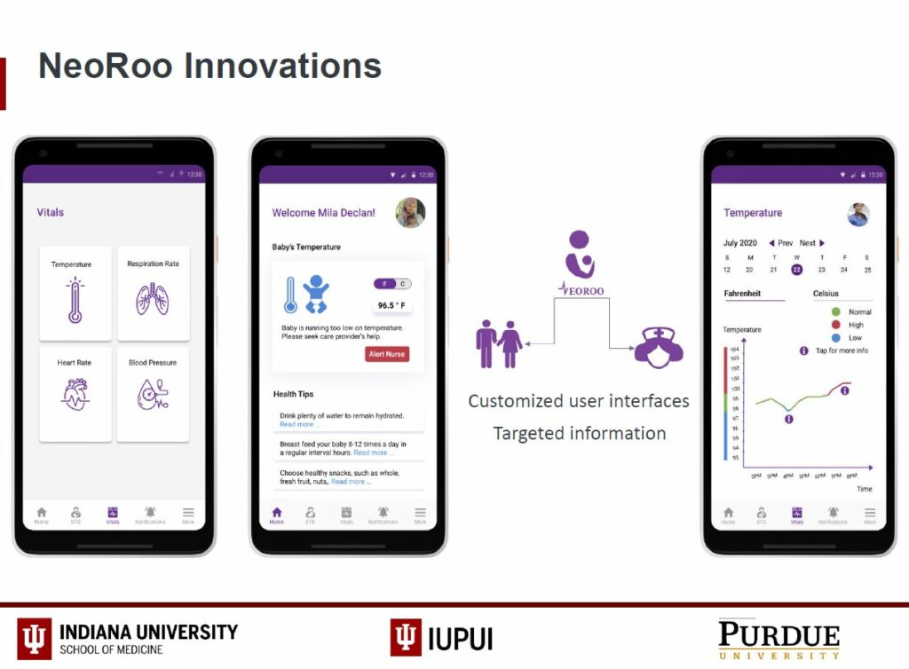 Geetha Priya Padmanaban designed the NeoRoo user interface. She is a Master’s of Science student in Human-Computer Interaction from the Purkayastha Lab for Health Innovation at the IUPUI School of Informatics and Computing.